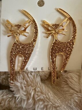 Gold Cat Rhinestone Drop Earrings - Unbranded Jewelry